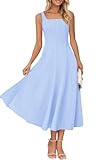 MEROKEETY Women's 2025 Summer Sleeveless Midi Dress Square Neck Smocked Flowy A Line Beach Dresses, LightBlue, Large