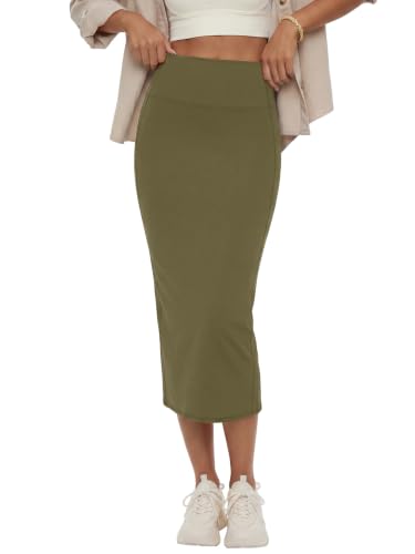 Image of Rooscier Women's High Waisted Pencil Midi Skirt | Stretchy Bodycon Knee Length Skirts with Back Slit