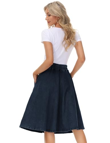 Kancy Kole Women High Waist Denim Skirts Knee Length Casual Flared Jean Skirts W Pockets L Dark Blue thumb #3