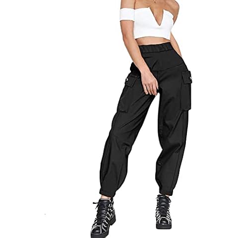 guyueqiqin Women's Cargo Pants, Casual Outdoor Solid Color Elastic High Waisted Baggy Jogger Workout Pants with Pockets(S,Black) Cover