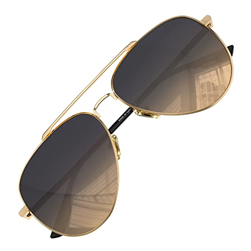 LUENX Aviator Sunglasses for Mens Womens Polarized Driving Eyewear Gradient Brown Lens Metal Gold Frame 60mm UV400 Protection Classic Style