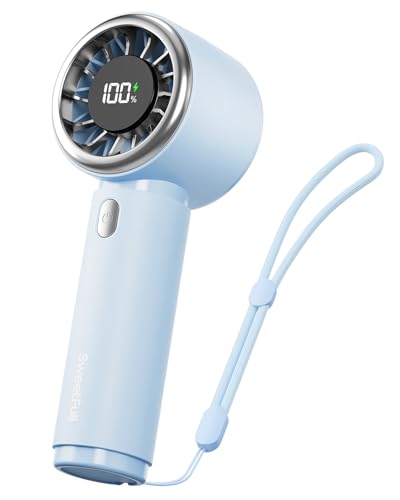 SWEETFULL Mini Fan Portable - Cute Handheld Turbo Fan with Rechargeable Battery, 5 Speeds, Small Hand Personal Travel Essentials for Women, Girls, Kids, Lash, Makeup - Light Blue