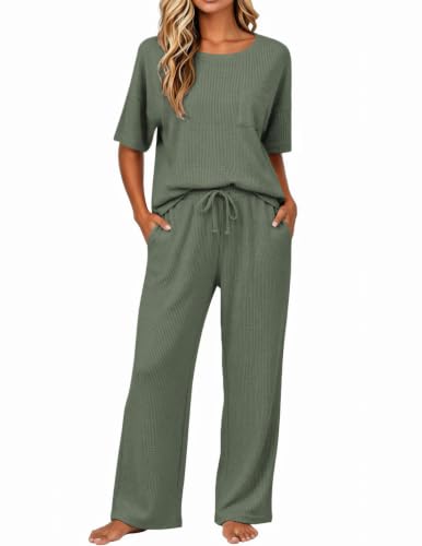 Image of JiniGolla Womens Pajama Sets Waffle Knit Short Sleeve Shirt with Long Pajama Pants Soft Sleepwear Pj Lounge Sets