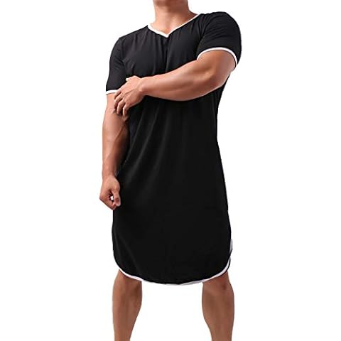 Men Sleepwear Long Nightshirt Short Men Cotton Homewear Sleepshirts Loose Casual Elastic Waist Home Clothing Black Cover