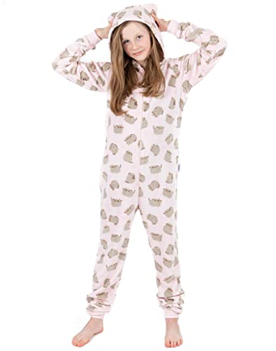 Image of Pusheen the Cat Onesie Purr-fect For Girls | Kids Teens Pink All-Over Print Multi Brown Character OPTIONS Novelty Cat Pyjamas | Sherpa Fleece Hood with Zip 9-10 Years