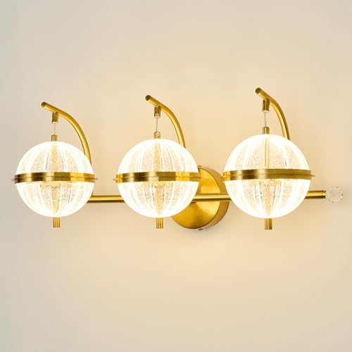Image of UOFUS Gold Bathroom Lighting Fixtures Over Mirror Modern LED Vanity Light with Globe Acrylic LampShade 3 Lights Wall Sconces Indoor