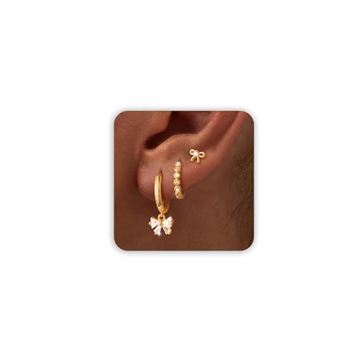 Image of Freekiss 3 Pairs Gold Hoop Earrings Set: Dainty Stud Earrings Trendy Small 14K Gold Plated Hypoallergenic Dangle Cartilage Huggie Hoop Earrings for Women Gold Jewelry for Women Gifts