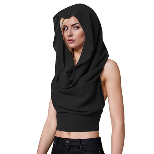 ANDHOM Débardeur à Capuche pour Femme - Top Court à Col Rond - Débardeur Bohème - Dos Nu - Fermeture Croisée, noir, Regular（XS-L)