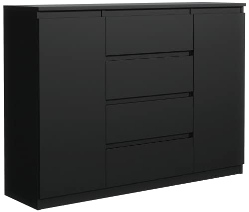 meble masztalerz Kommode Schwarz Matt mit 4 Schubladen und 2 Türen 140 cm, Sideboard Wohnzimmer, Schlafzimmer H: 101,5 cm, B: 138,6 cm, T: 39 cm Kommode mit Schubladen, Schubladenschrank