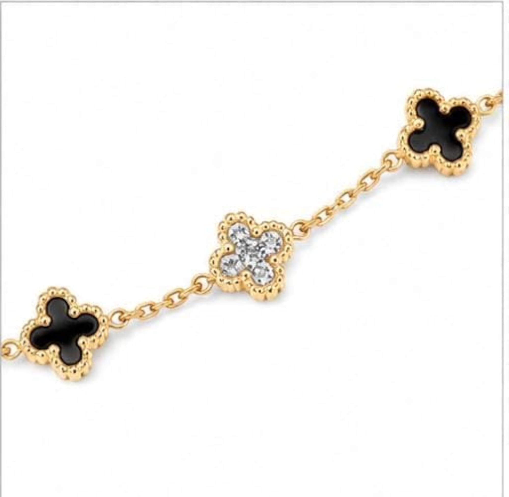 Gold-Tone Clover Charm Chain Bracelet with Black Enamel