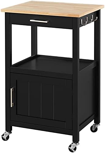 Yaheetech Small Kitchen Island on Wheels with Wood Top and Drawer, Trolley Cart with Open Shelf and Storage Cabinet for Dining Room, 22x18x35 Inches, Black