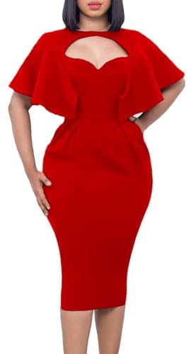 Womens Summer Ruffle Sleeve V Neck Business Work Dresses Sheath Pencil Dress