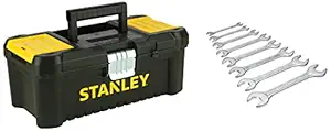 STANLEY 12.5'' Essential Tool Box with Metal Latch (Black and Yellow) & Chrome Vanadium Steel Combination Spanner Set (8-Pieces) & Matte Finish Double Open End Spanner Set 8-Piece Set Chrome