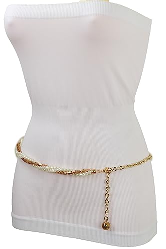 Women Gold Metal Chain Belt - Hip High Waist Fashion Twisted Braided Cream Beads M L4