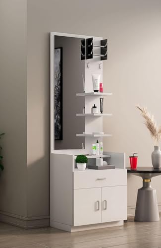 Image of Bniture Wooden Dressing Table for Bedroom with 1 Drawer, Mirror and Huge Storage Space | Long Dresser Vanity Table with Mirror (42D x 60W x 180H CM) | 3 Year Warranty (Frosty White, HXDR103)