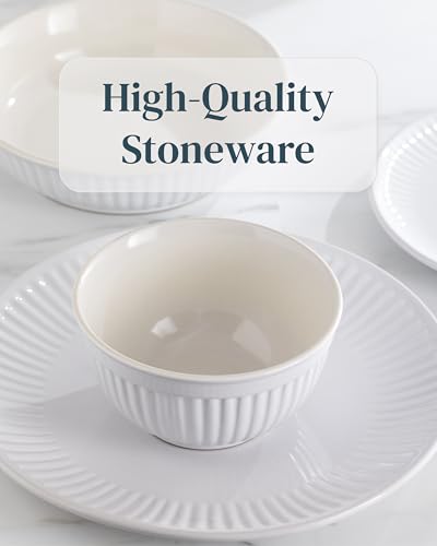 Image of Stoneware Dinnerware Set for 4 People HYGGE 12-Piece - Elegant Scandi Design - Premium Dish Set - Bowl and Plate Set - Tableware for 4 People in a Ribbed Design - Pure Living in White
