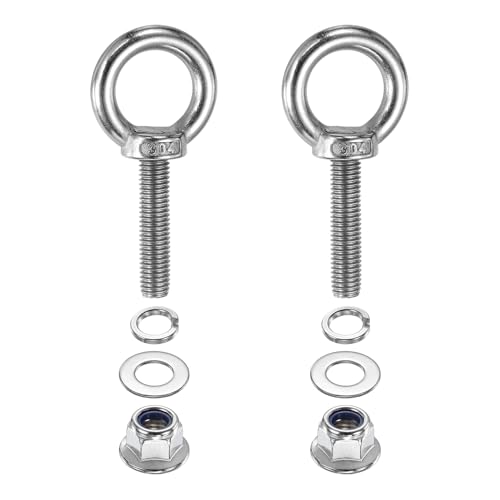 Image of PATIKIL M10 x 45mm Shoulder Eye Bolt, 2 Pcs 304 Stainless Steel Lifting Ring Threaded Eye Bolt with Flange Lock Nuts Spring and Flat Washers for Hanging Tie Down Straps Outdoor Indoor