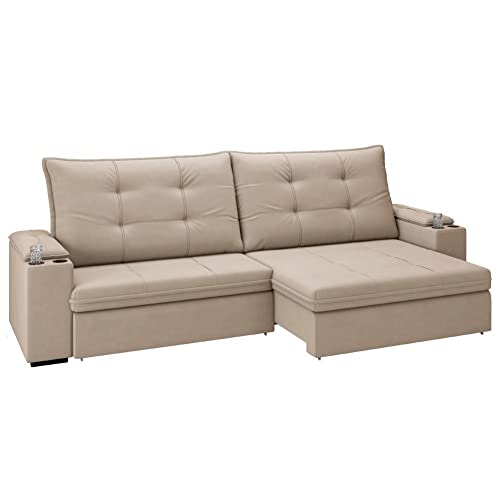 Sofá 4 Lugares com Porta Copos Retrátil e Reclinável França Luizzi 2,30m Suede Capuccino