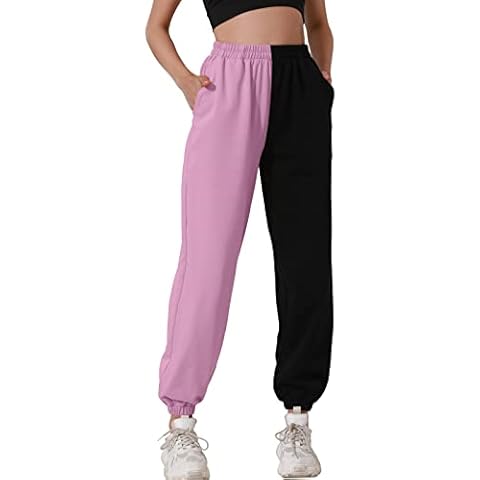 HAPYWER Woemen Long Cotton Sweatpants High Waist Casual Trousers Loose Jogging Pants with Pockets Two Tone Oversize Sports Pants S-XXL Pink-Black Cover