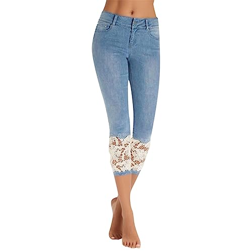Women's Cropped Skinny Jeans Lace Trim Mid Rise Washed Denim Pants Stretchy Slim-Fit Capri Pencil Jeans with Pockets