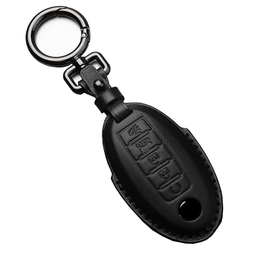 Tukellen for Leather Key Fob Cover with Keychain Compatible with Altima Pathfinder Armada Murano Maxima Rogue Infinity Smart Remote Genuine Leather Case for 5 Button Smart Key