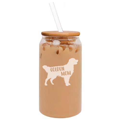16oz Can Shaped Glass Iced Coffee Cup with Bamboo Lid and Straw Gift Golden Mom Golden Retriever Dog Mom