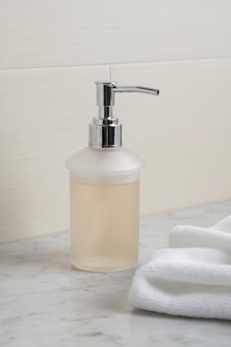 Image of Premium Frosted Glass Soap Dispenser with Stainless Steel Pump | Refillable Liquid Soap, Hand Wash, Shampoo & Sanitizer Bottle for Bathroom & Kitchen Sink | Modern Square Design (Round AT-10)