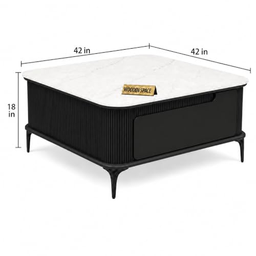 Image of WOODEN SPACE Premium Solo Marble-Top Wooden Center Table for Living Room | Iron Legs | PVD Coating | Modern Entryway Furniture | Coffee Table (Black, 42x42x18 Inch)