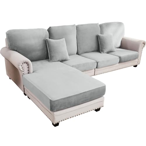 Image of Couch Cover 4-Piece Elastic Velvet Couch Cushion Covers & Chaise Slipcovers for L-Shaped Sofas, Sofa Seat Covers Washable, Soft Cover for Couches (3 Seater + Chaise, Light Grey)