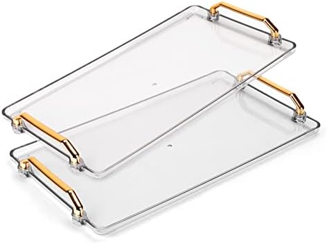 MOLINGRITAR 2 Pack Serving Trays Gray Acrylic Trays with Gold Plastic Handles, Coffee Table Trays for Tea Food Breakfast Lunch Dinner Decorative Serving Platters Large Plastic Trays Set for Home Party