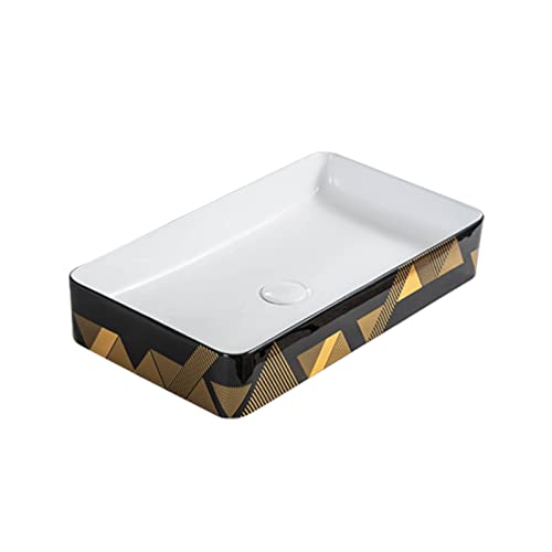 Lavabo de baño sobre encimera, fregadero de baño, fregadero de cerámica rectangular de porcelana negra con líneas doradas que decoran el exterior
