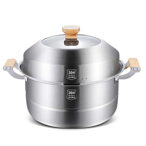 MIIKHI Olla de cocción al vapor de 2 capas, olla grande con tapa, olla de sopa de acero inoxidable 304 comercial/doméstico, olla de cocina con revestimiento antiadherente, para estufa de gas/cocina de
