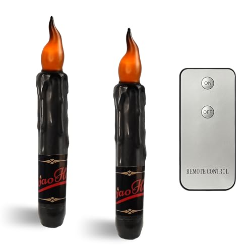 Image of Real Wax LED Flameless Halloween Short Taper Candles with Remote, 6.7 Inches Black Candlesticks, Dripless Battery Operated Flame Rustic Primitive Flameless Lights Decor, Pack of 2