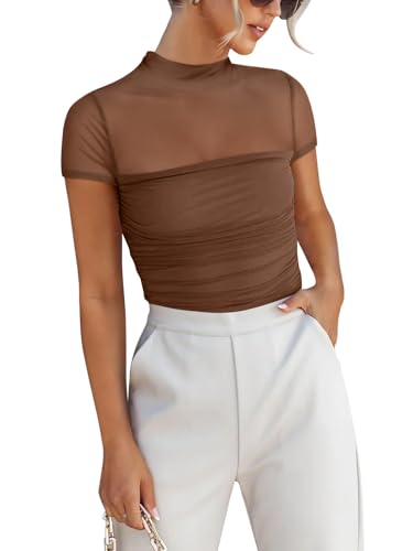 ANRABESS Womens Summer Sexy Mock Turtle Neck Short Sleeve Tops Sheer Mesh Shirts Slim Blouse Trendy Ruched Going Out Outfits Mocha-M