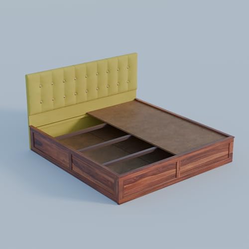 Image of Sheesham Wood King Size Bed With Storage Box | Upholstered Beds | Platform Cot With Cushioned Headboard | Double Bed For Home | Recommended Mattress 78x72 Inch | Mustard Yellow & Honey Finish