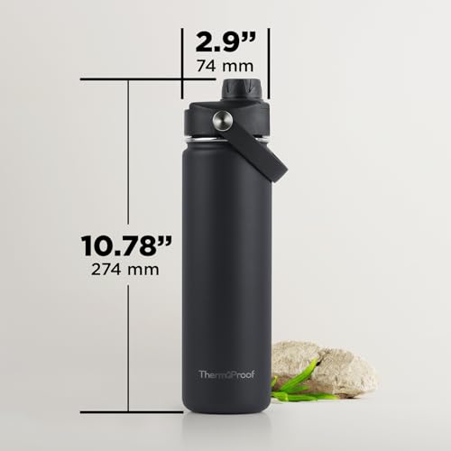 Image of ThermoProof Double-Walled Vacuum Insulated Stainless Steel Water Bottle - Wide Mouth with Chug & Spout Lids, Dishwasher Safe, Reusable, Leakproof, Hot & Cold for Men, Women & Kids - 22oz, Black