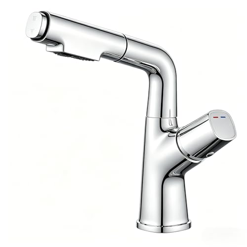 kisimixer Mitigeur Lavabo avec Douchette Extractible, Robinet Lavabo Salle de Bain Pivotant à 360°(2 Modes, Bec Hauteur 19 cm, Réglable en Hauteur, sans...
