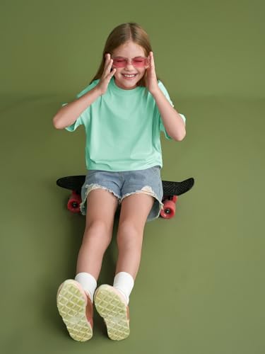Image of Girls Athletic Oversized Crop Tops Kids Drop Shoulder Short Sleeve T Shirts Workout Tees 5-14 Years