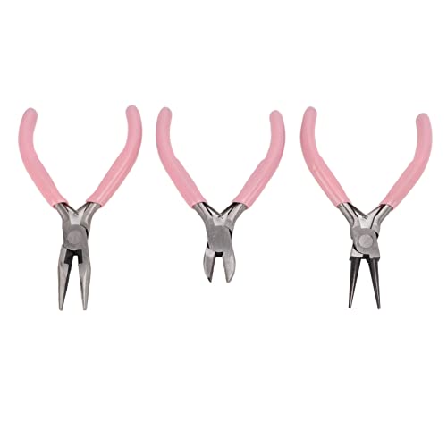 Jewelry Pliers Set, Carbon Steel Sturdy Durable Pliers Set 3Pcs Pink Jewelry Round Needle Diagonal Nose Tool for Crafts DIY