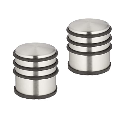 Relaxdays Set of 2 Door Bumpers, Stainless Steel, Hxdiameter : 7.5 x 7 cm, High & Heavy, Non-slip, Slamming Brakes, Silver/Black