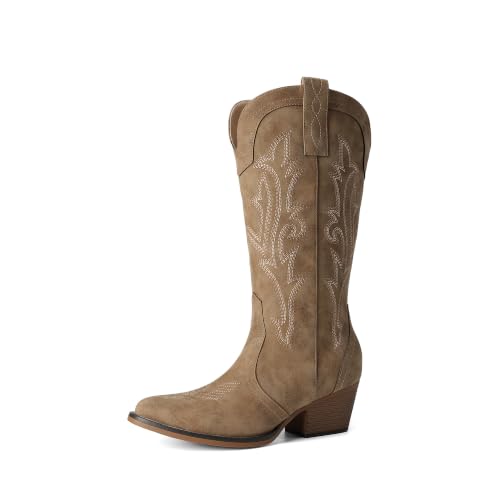 Image of DREAM PAIRS Women's Cowboy Cowgirl Western Boots | Embroidered Pointed Toe Low Heel Mid Calf Boot for Theme Party Country Concert