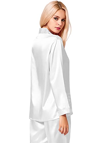 Image of SWOMOG Long Sleeve Pajamas Set Silk Satin Sleepwear Button Down Pjs Loungewear with Pocket