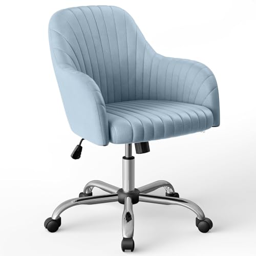 Image of Velvet Desk Chair for Home Office, Adjustable Swivel Task Chair Modern Computer Vanity Chairs with Arm Rest for Bedroom Living Room Make-up Room (Blue Light)