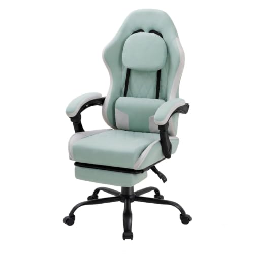 Image of Video Gaming Chair, Ergonomic Office Chair with Footrest, Lumbar Support and Linkage Armrests, Swive Home Video Game Chairs for Adults, Mint Green