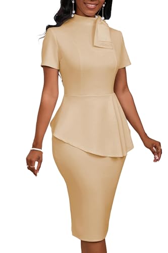 Image of PerZeal Women's Fashion Peplum Bodycon Short Sleeve Work Dresses Bow Club Ruffle Pencil Formal Cocktail Dress