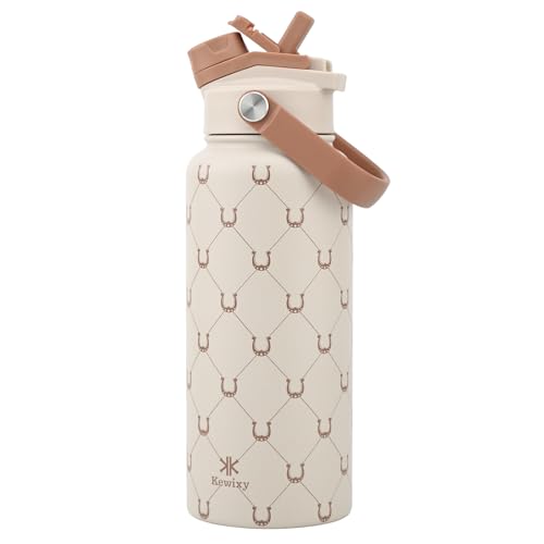KEWIXY 32 oz Cowgirl Water Bottle, 2-in-1 Lid, Straw & Spout with Protected, Leak Proof, Keep Cold, Stainless Steel, Metal, Reusable, Handle, for Travel, Gym and School, Horseshoe