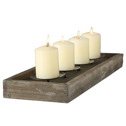 Tribeca Candelabra Tray, Multi Candle Holder, Votives or Pillars, Rectangle, Mantles and Centerpieces, 4 Spiked Platform Cups, Handmade, Wood and Metal, 20 7/8 Inches