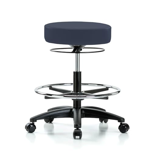 PERCH Stella Rolling Height Adjustable Salon & Spa Stool with Footring for Carpet or Linoleum | Workbench Height 21-28.5 Inches | 300-Pound Weight Capacity | 12 Year Warranty (Imperial Blue Vinyl)
