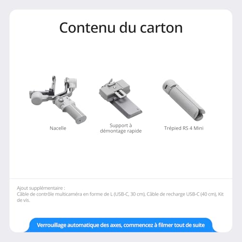 DJI RS 4 Mini, stabilisateur de nacelle pour caméra Canon/Sony/Panasonic/Nikon/Fujifilm, Verrouillage Automatique des Axes, Charge utile de 2 kg, nacelle de caméra, Prise de Vue Verticale Native