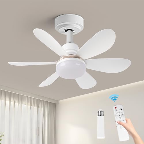 toppsun Ceiling Fans with Lights and Remote, 20.5” Dimmable E26 Base Screw in Socket Ceiling Fan, Small Ceiling Fan with 1 Socket Extender for Bedroom, Living Room, Laundry, Garage- White